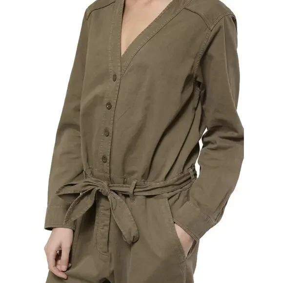 New Xirena Wylder Jumpsuit Olive Green Button Belted Pockets Straight Leg Sz M